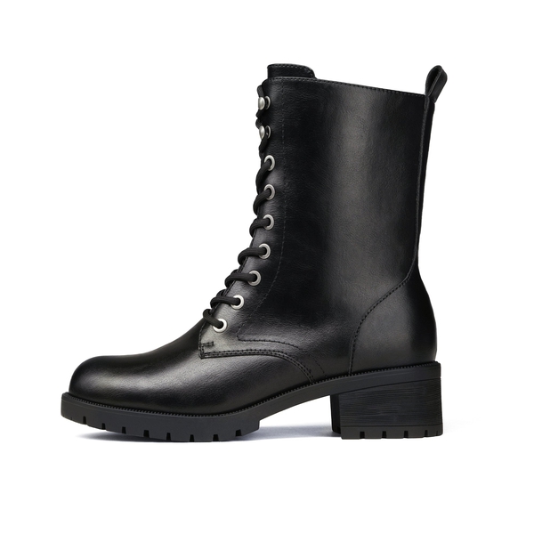 Mid Calf Chunky Lace Up Boots - BLACK PU - 2